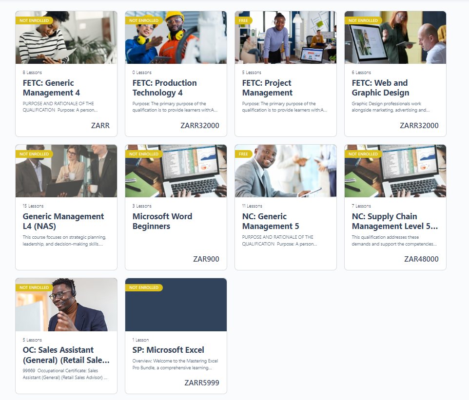 BConsult E-Learning website: Course catalogue with prices