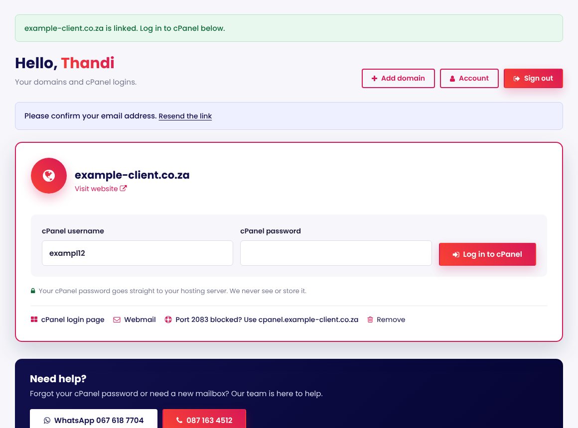 VuyoM Client Portal website: Dashboard with one-click cPanel login