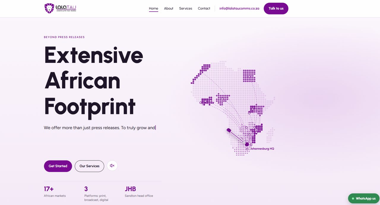 LALATAU Communications website: Home page with animated Africa map