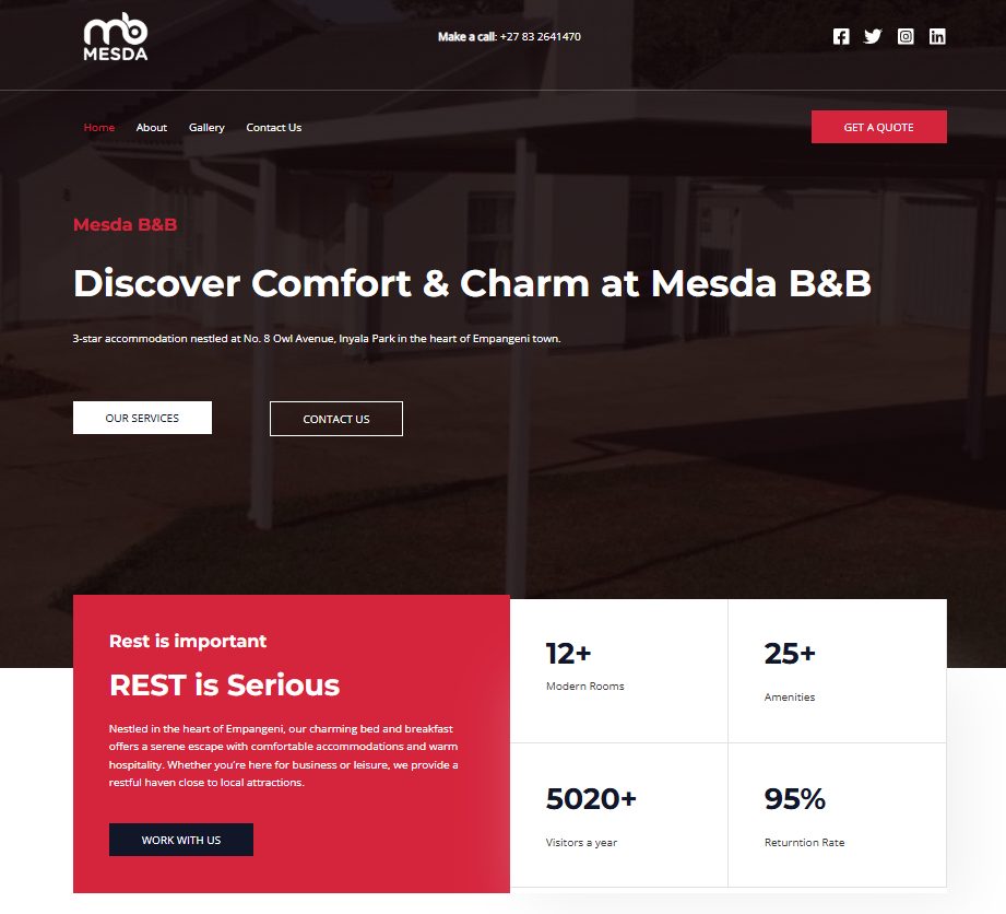 Mesda B&B website: Home page with key numbers
