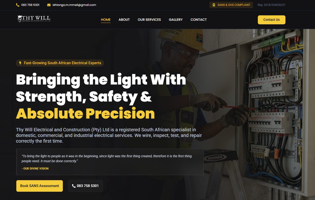 Thy Will Electrical & Construction website: Home page